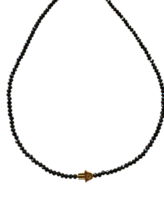 Chocker cristal preto com Mão Fátima em Hematita